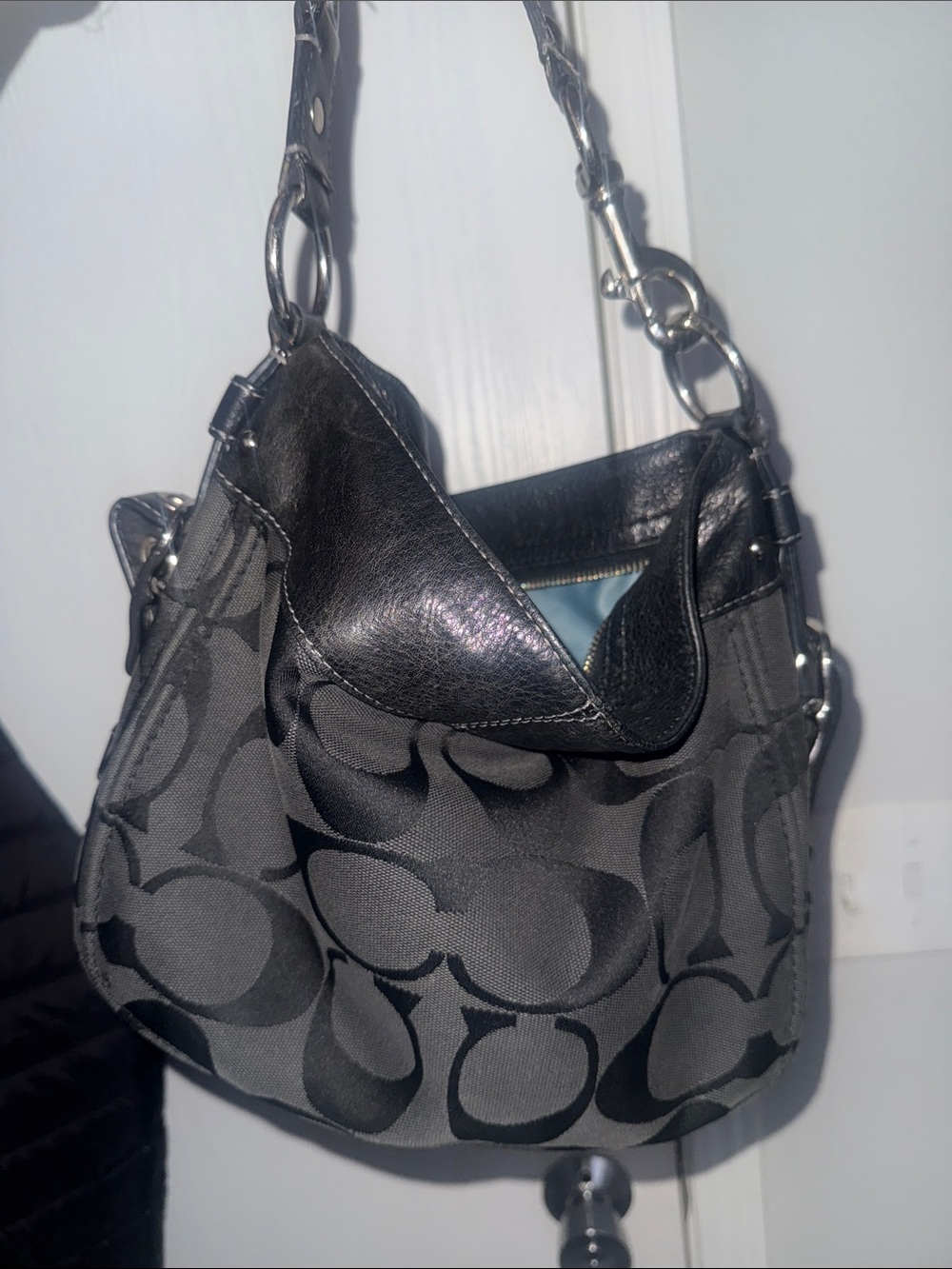 Coach Black Signature Canvas Shoulder Bag with Silver Hardware
